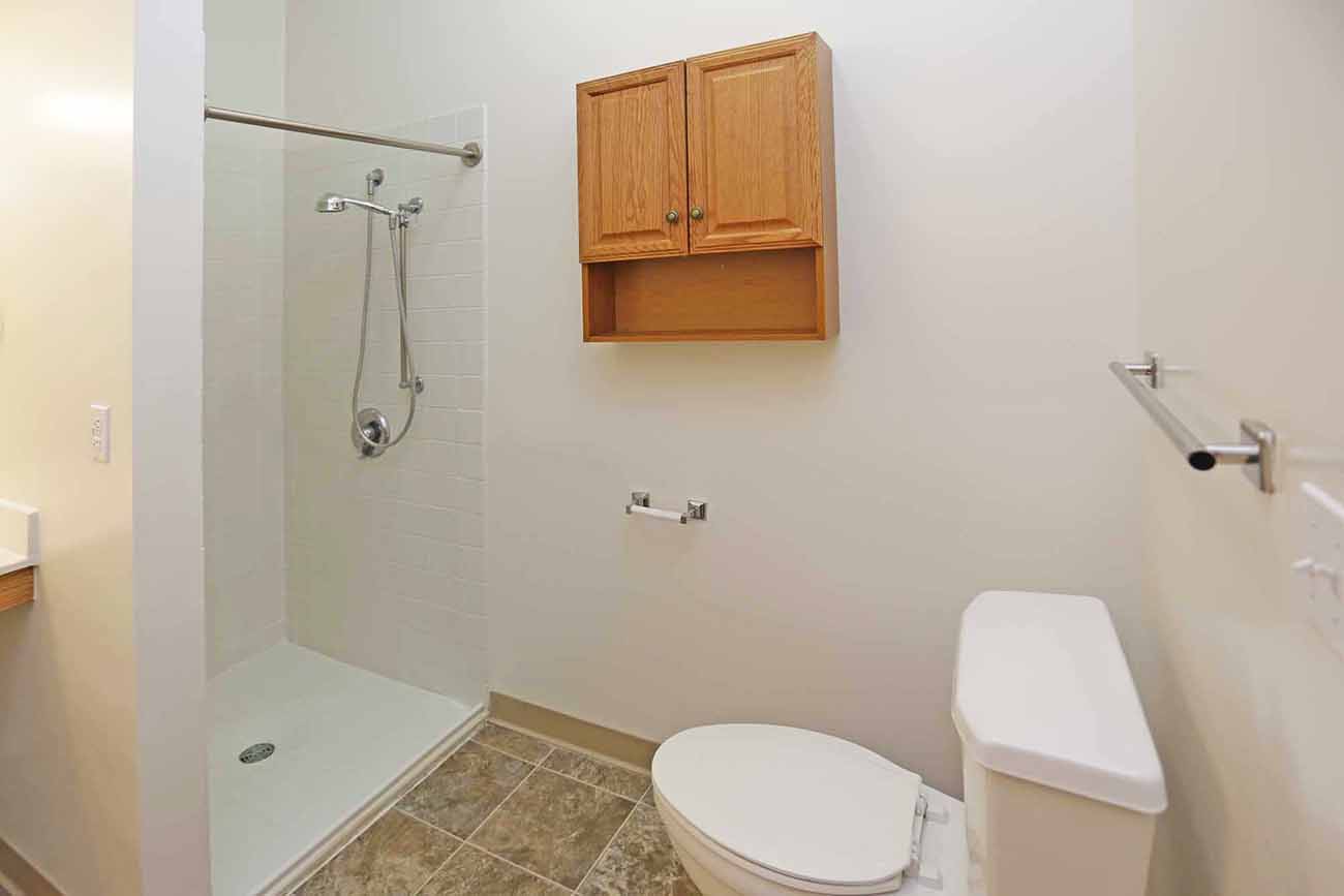 1 Bedroom: Wheelchair-accessible bath in select units